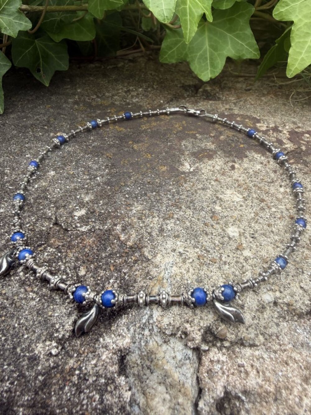 Lapis Lazuli Sterling Silver Beaded Necklace Choker Tribal Fringe Artisan 90s